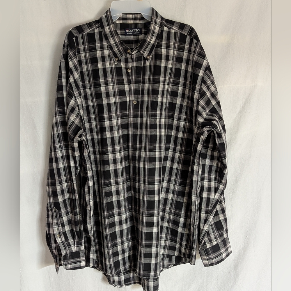 Puritan Tall Man Long Sleeve Black And White Plaid Shirt XLT Button Down Collar
